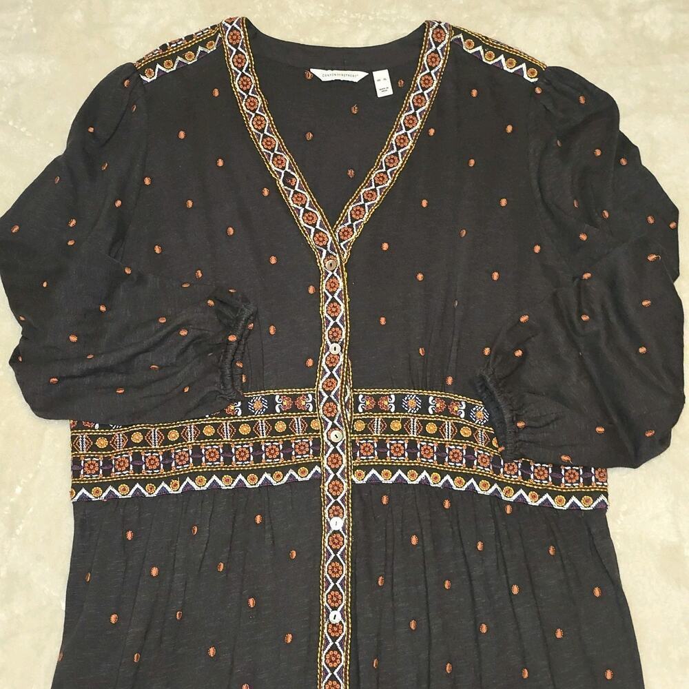 Canyon Retreat Boho Embroidered Midi Dress XL Black Orange Geometric Festival - Picture 2 of 16